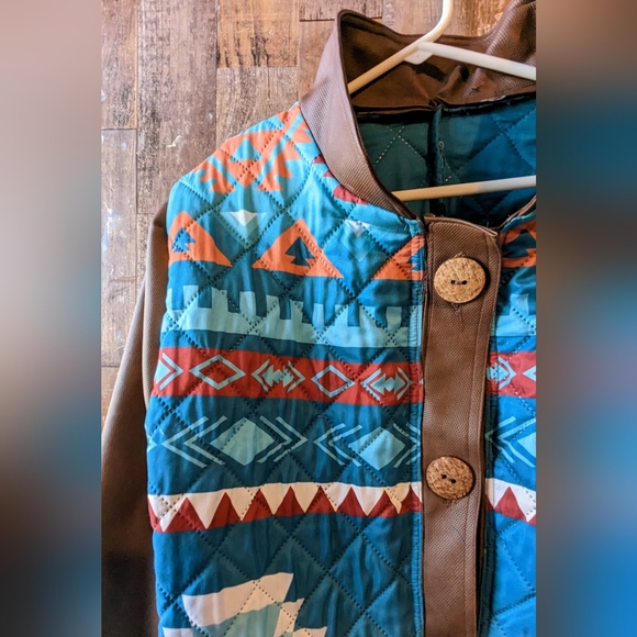 New Handcrafted By Donna Originals Aztec Blue Coat With Faux Suede Sleeves - Picture 4 of 15